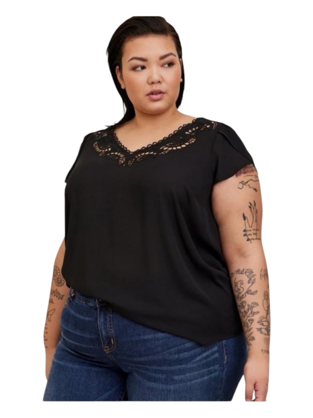 Torrid Size 5X 28 Black Lace-Trim V-Neck Top